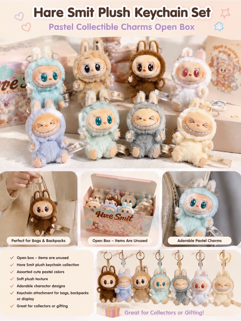 Hare Smit Plush Keychain Set Pastel Collectible Charms Open Box